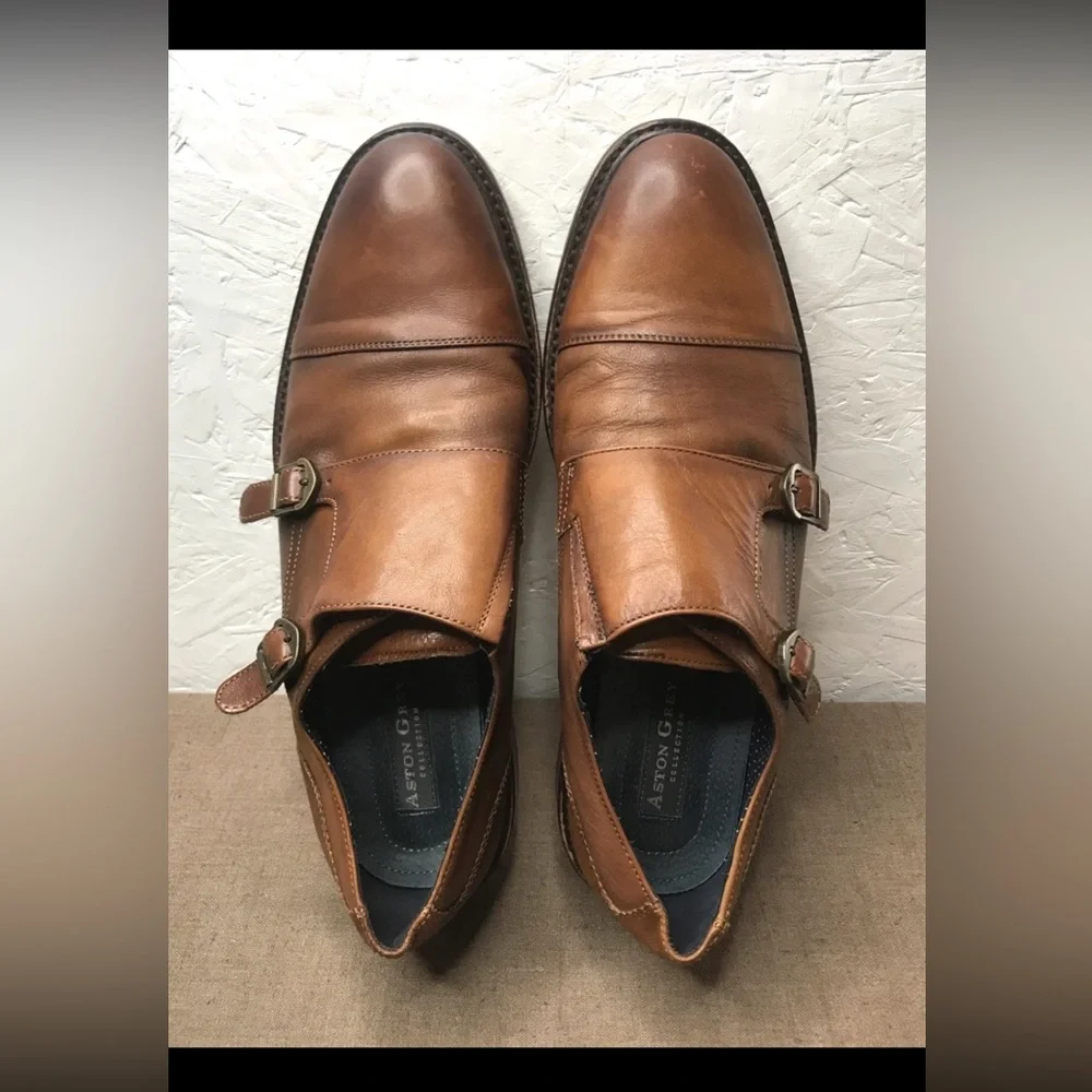 Aston Grey Bussiere Men's Dress Shoes Double Monk Strap Brown Leather Size 10